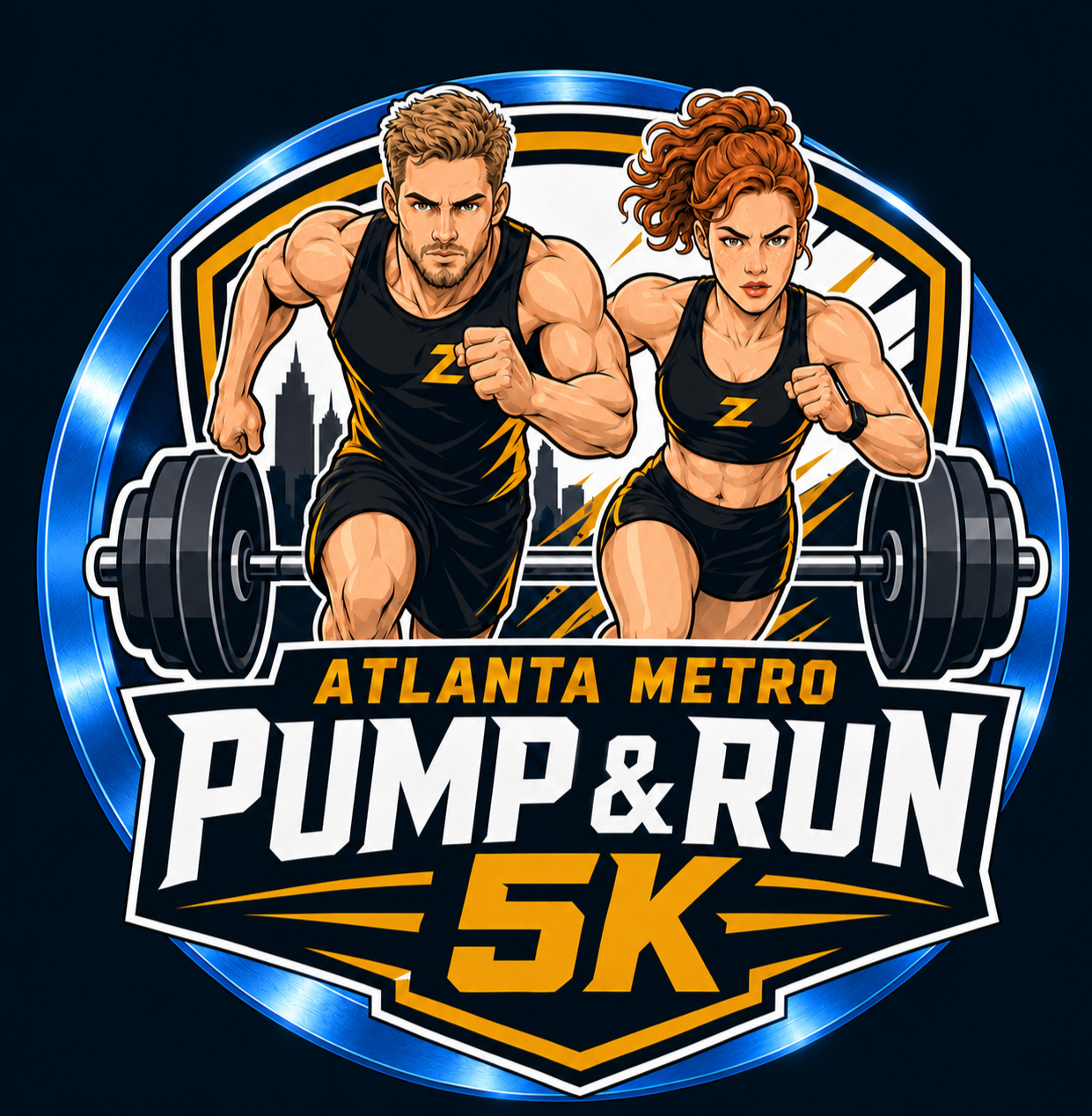 Atlanta Metro Pump and Run male and female athletes framed by a metallic blue diabetes awareness circle on a dark background.