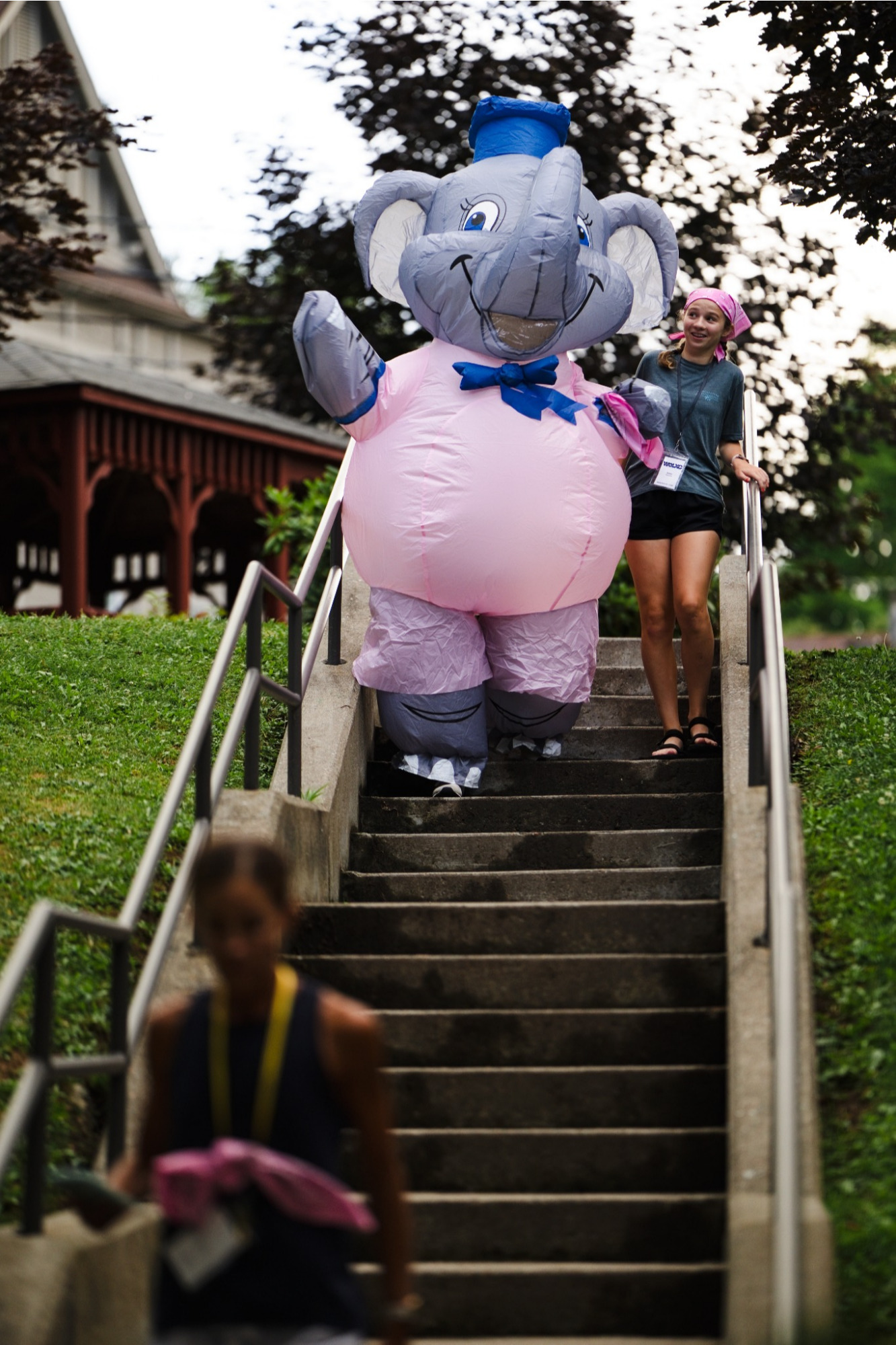 Camp team challenge with an inflatable elephant costume