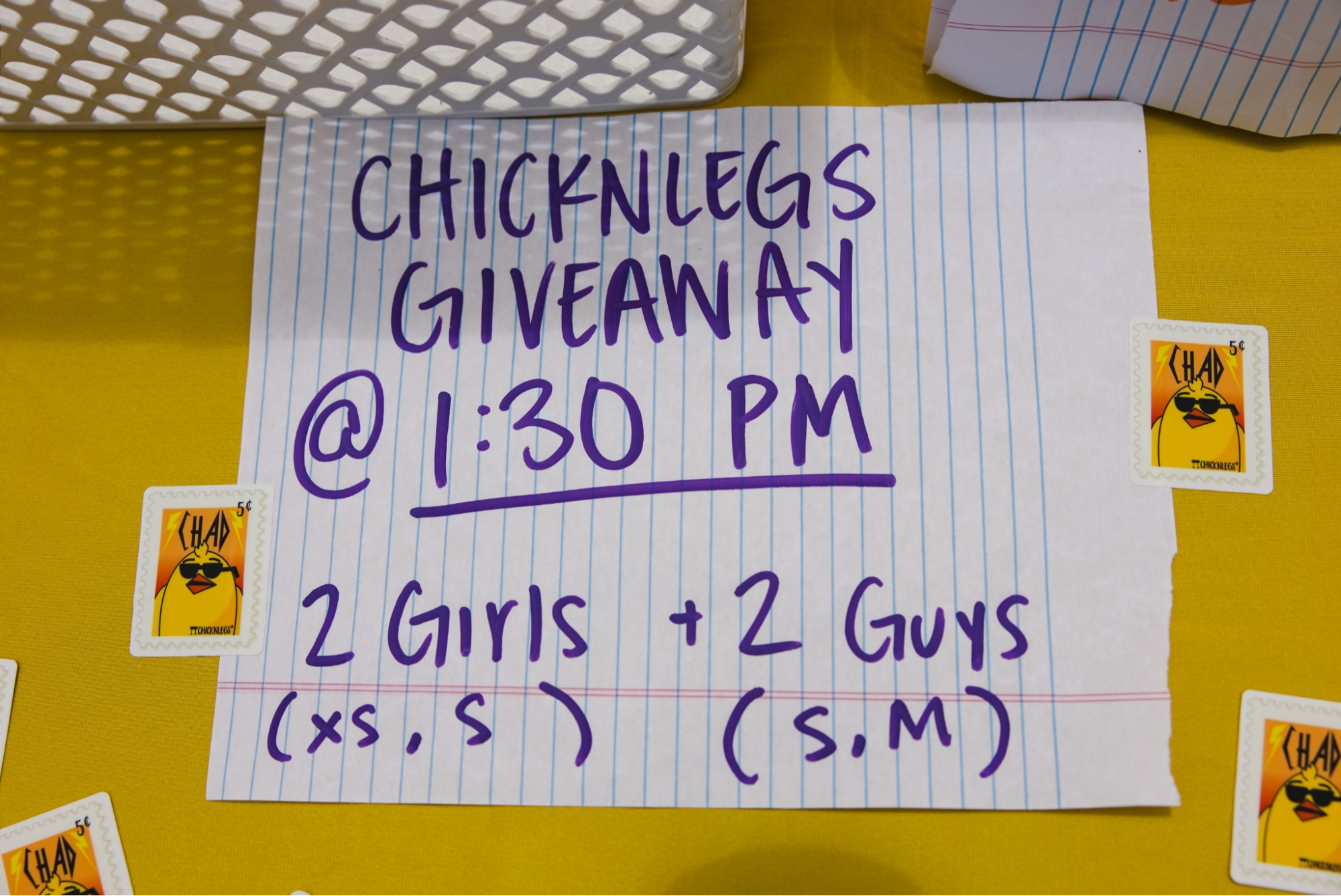 A ChicknLegs giveaway sign from a past camp gear event