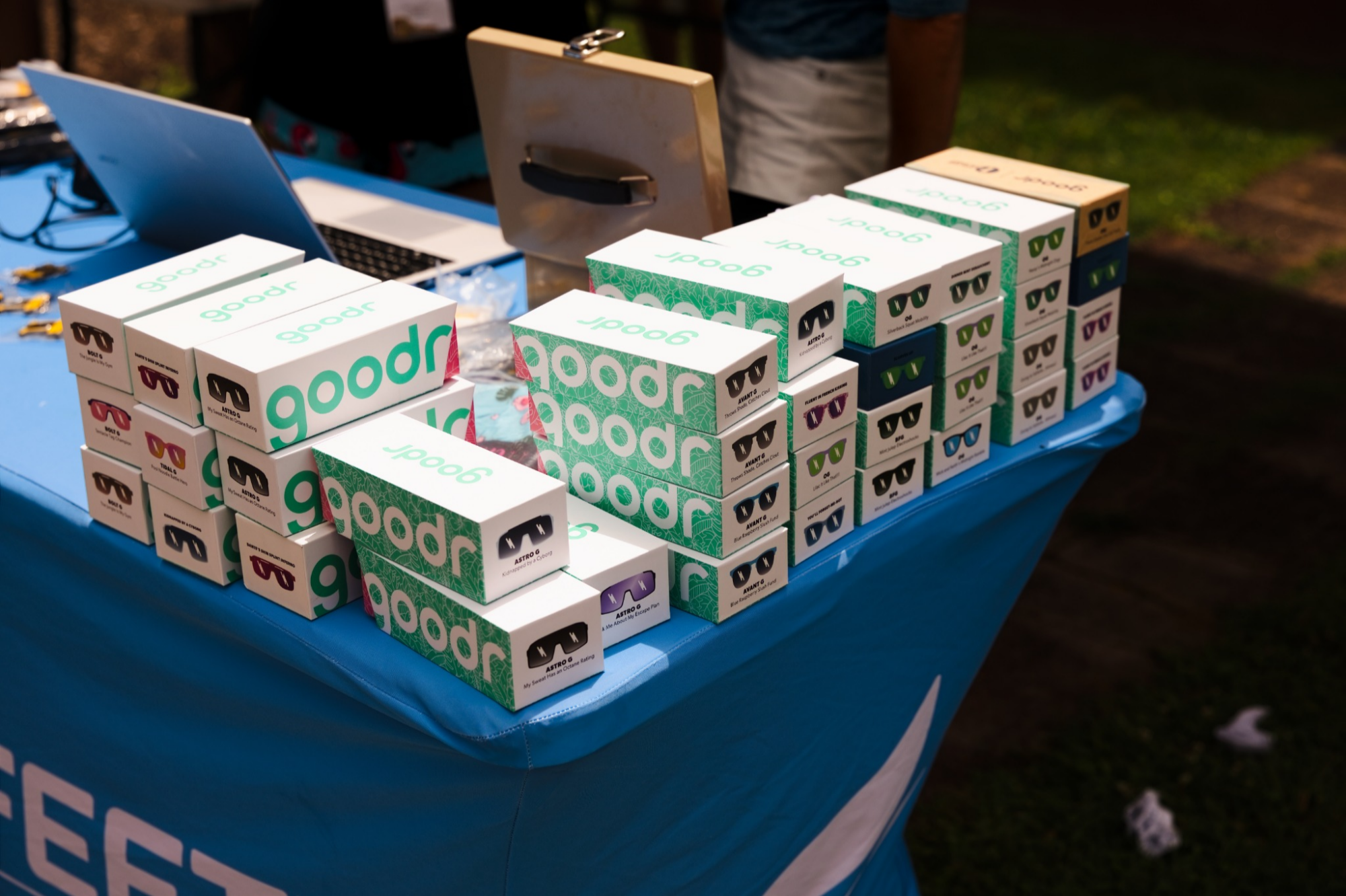 goodr sunglasses on display at the Fleet Feet gear event