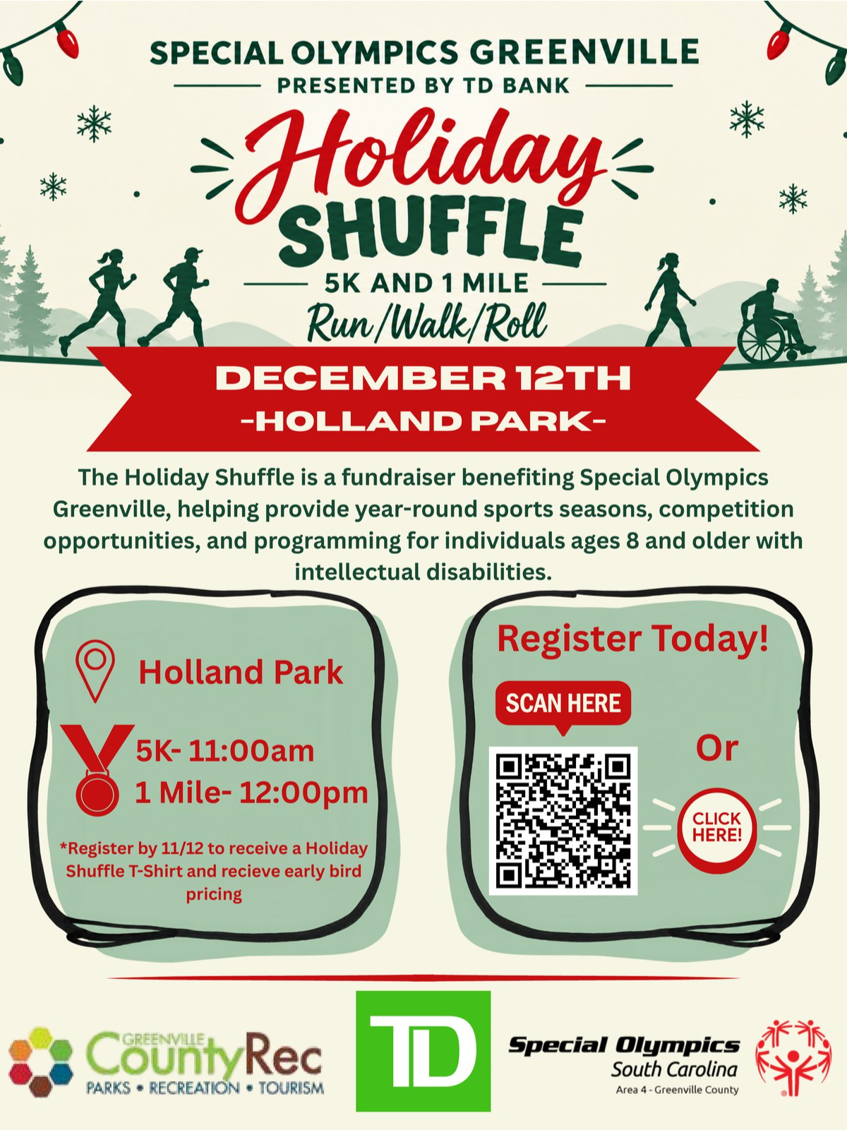 Special Olympics Greenville Holiday Shuffle flyer: 5K at 11:00 AM and 1 Mile at 12:00 PM, December 12 at Holland Park. Register by 11/12 for a t-shirt.