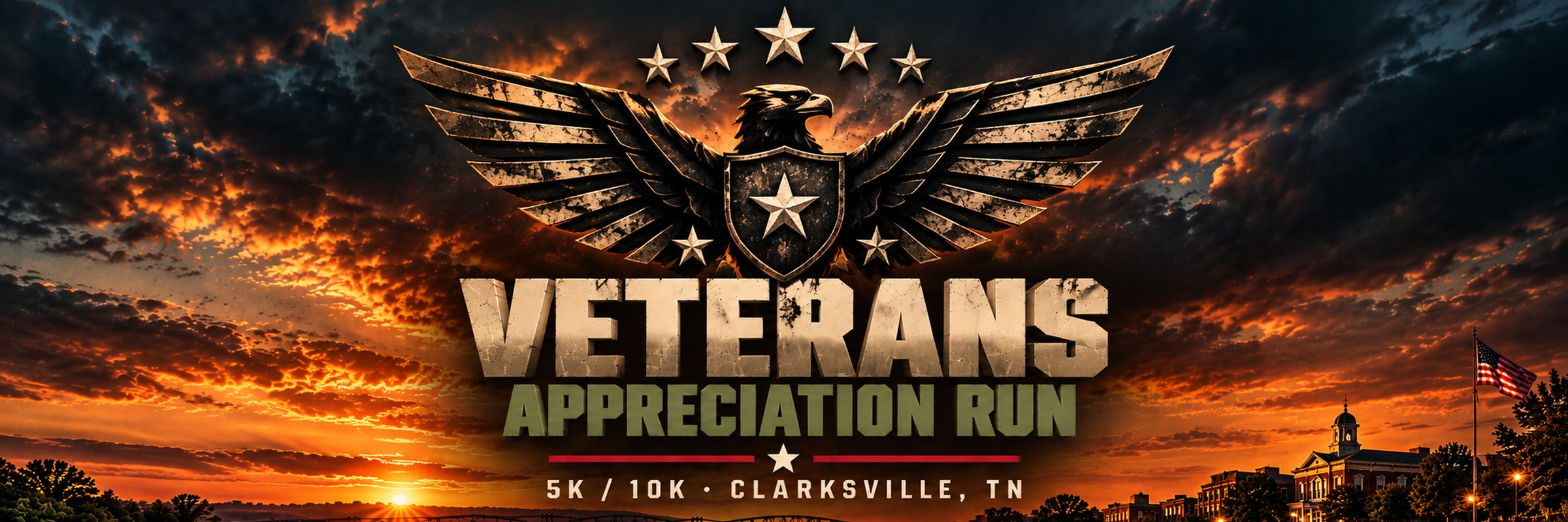 Veterans Appreciation Run, 5K and 10K, Clarksville, Tennessee. Eagle over the Cumberland River at sunset.