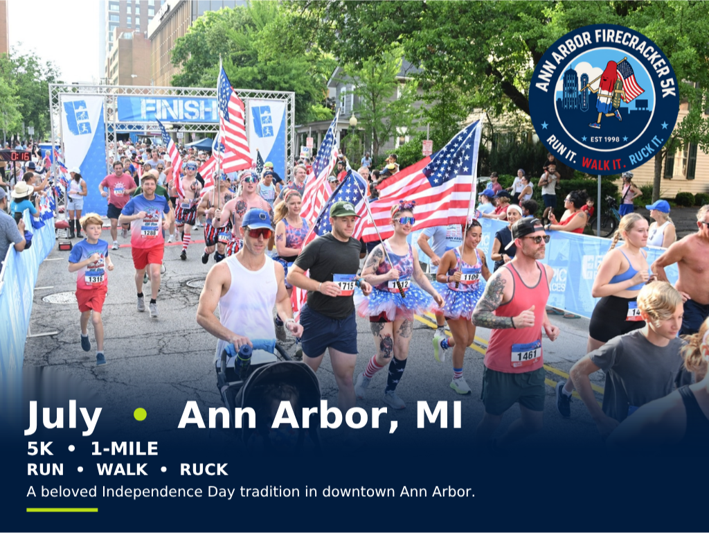 Runners of all ages wearing red, white, and blue with some carrying American flags as they start the Ann Arbor Firecracker 5K on the 4th of July in Ann Arbor, Michigan