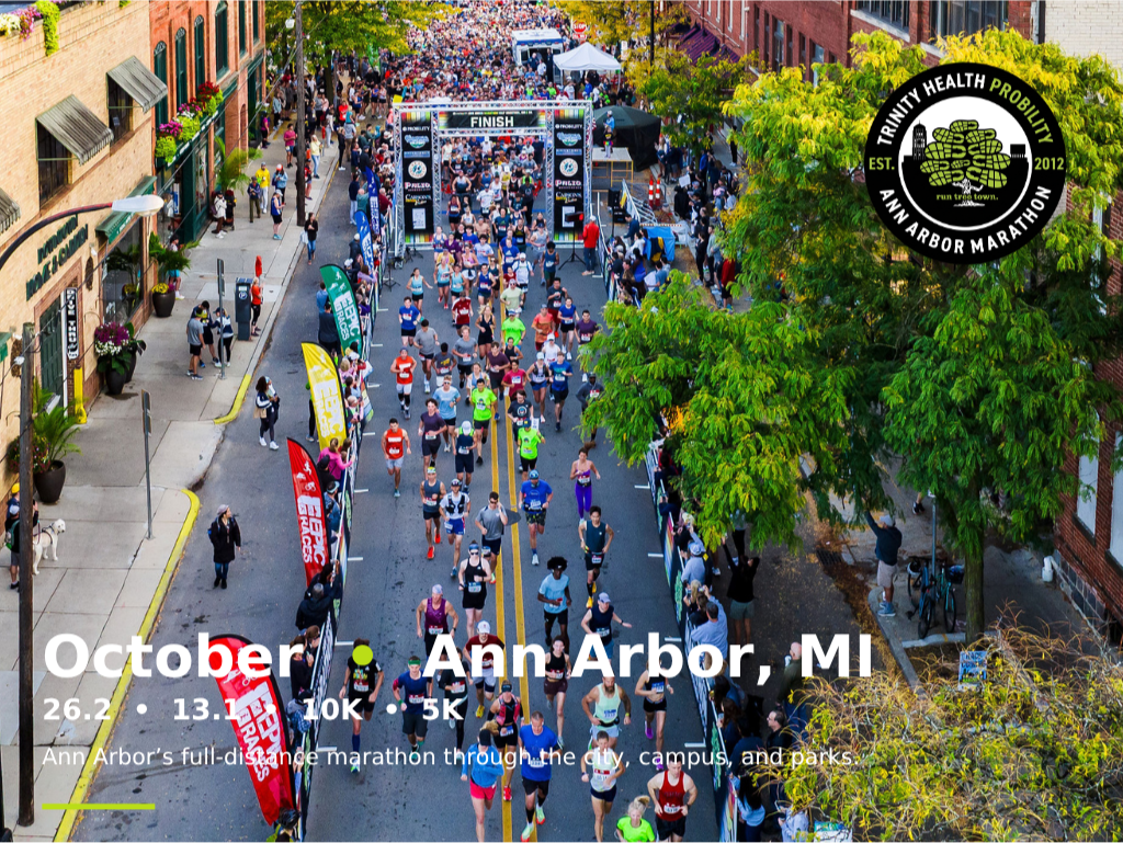 An aerial view of the start line of the Ann Arbor Marathon as countless runners begin the annual Fall event on the streets of Ann Arbor, Michigan