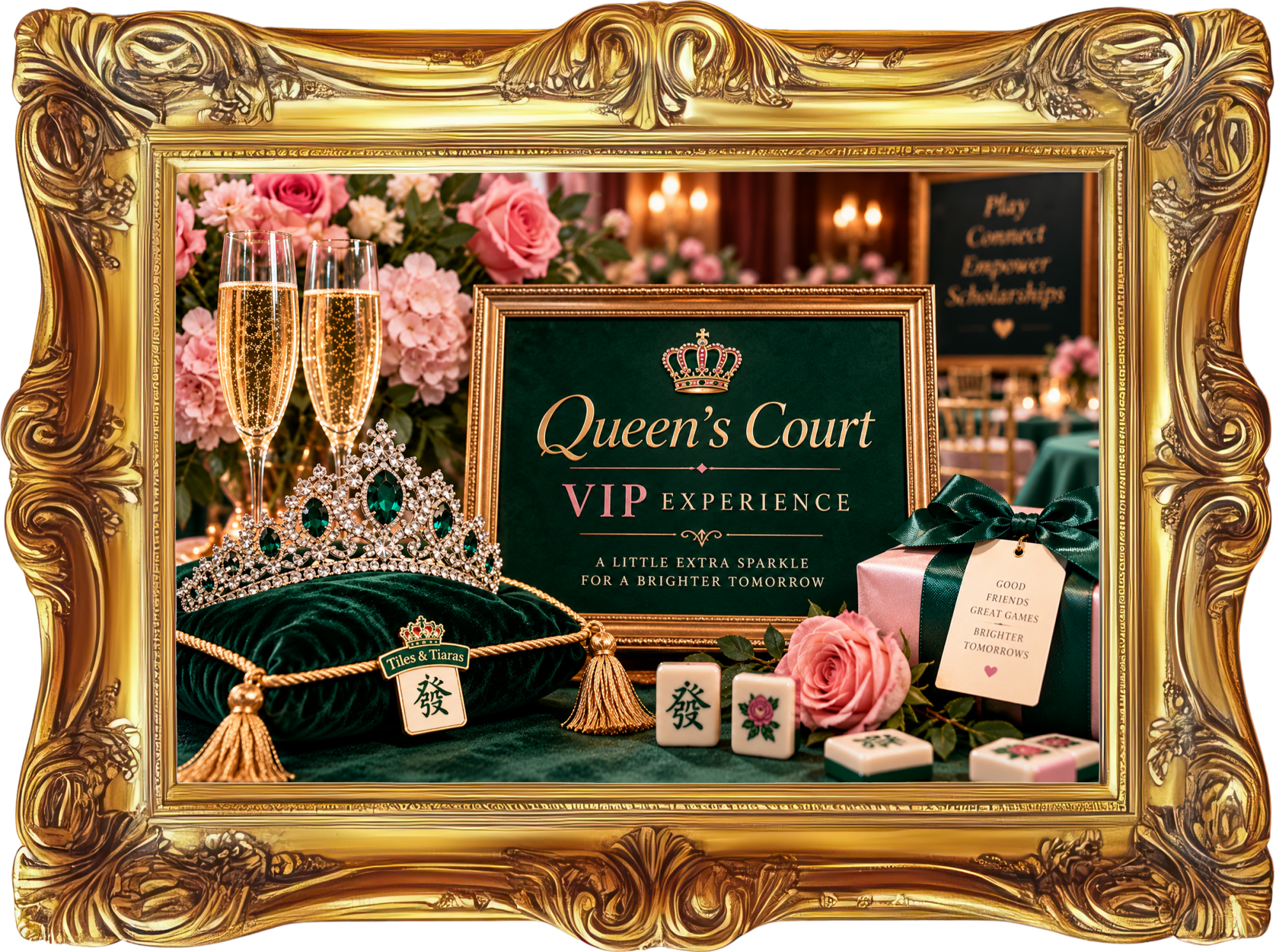 Queen’s Court VIP experience featuring tiaras, bubbly, Mahjong tiles, and a welcome gift