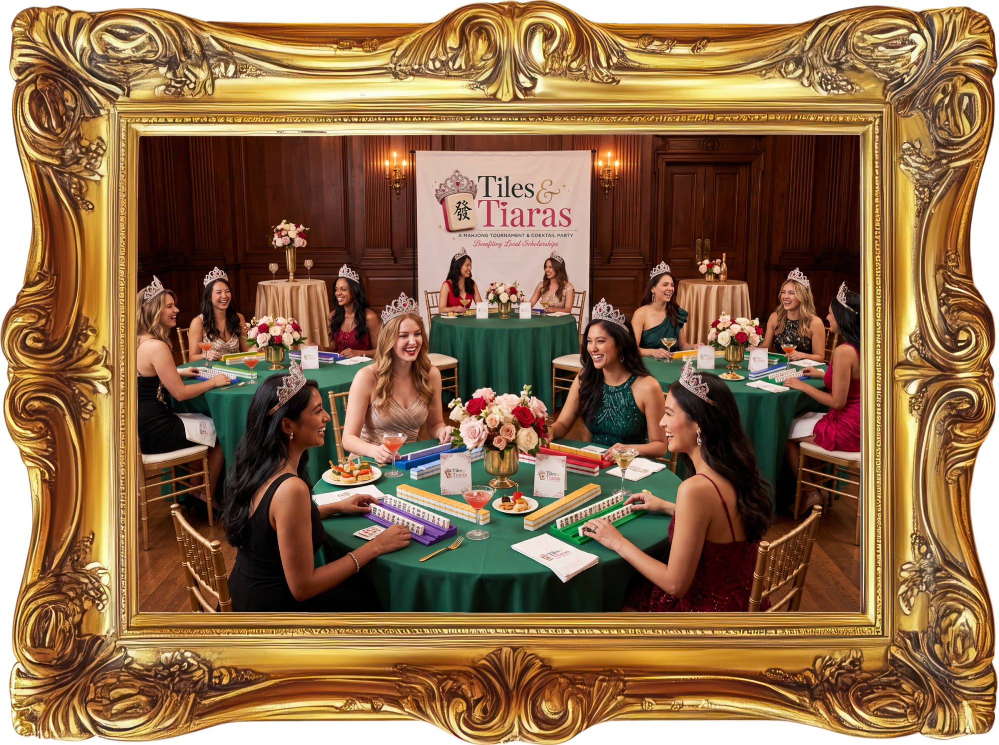 Guests enjoying Mahjong, cocktails, and tiaras at the Tiles & Tiaras event