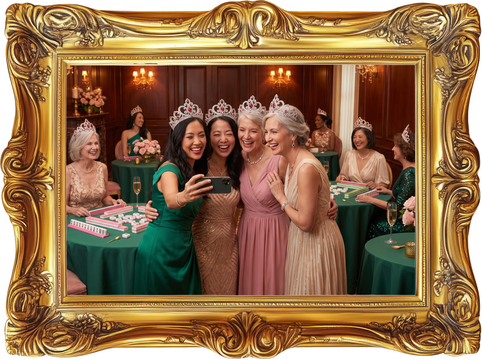 Friends in tiaras taking a joyful group photo at the Mahjong event