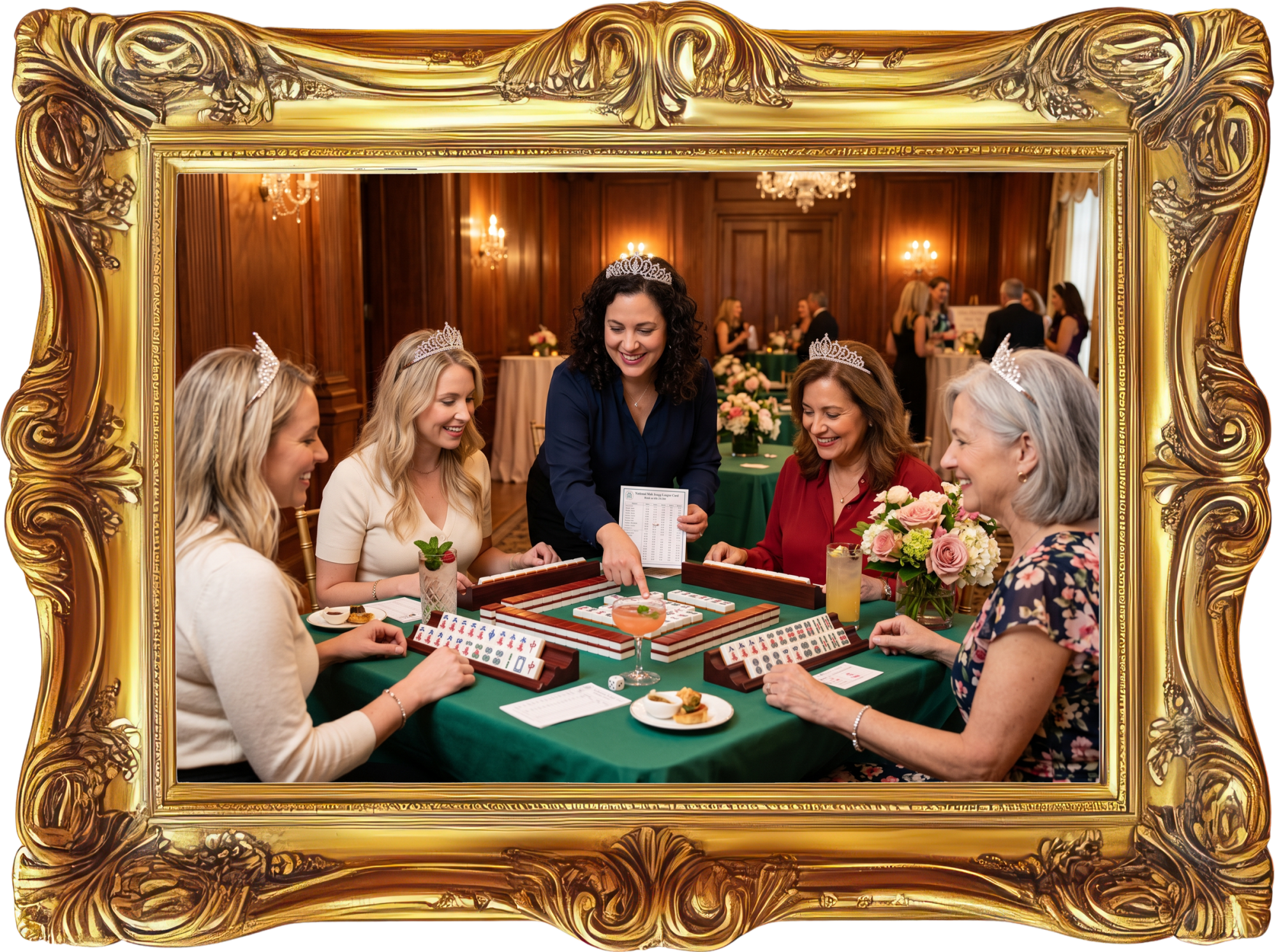 A friendly instructor guiding guests at a Tiles & Tiaras Learn & Play Mahjong table