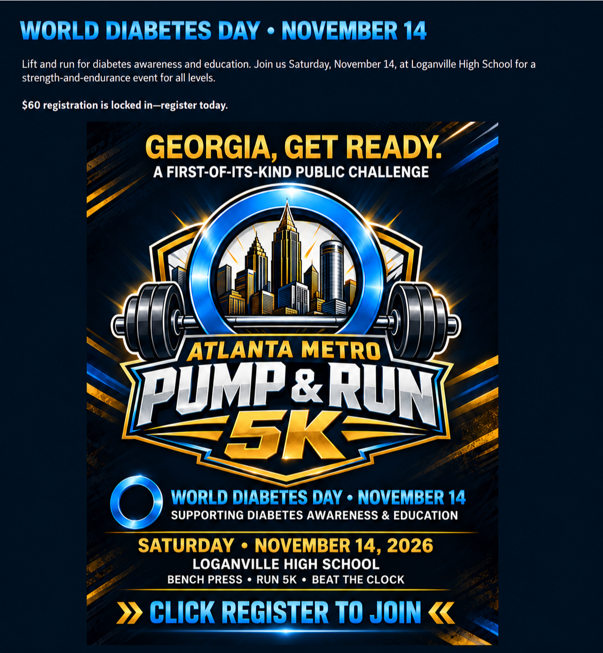 Atlanta Metro Pump and Run 5K, November 14, 2026, Loganville High School. Click Register to Join.