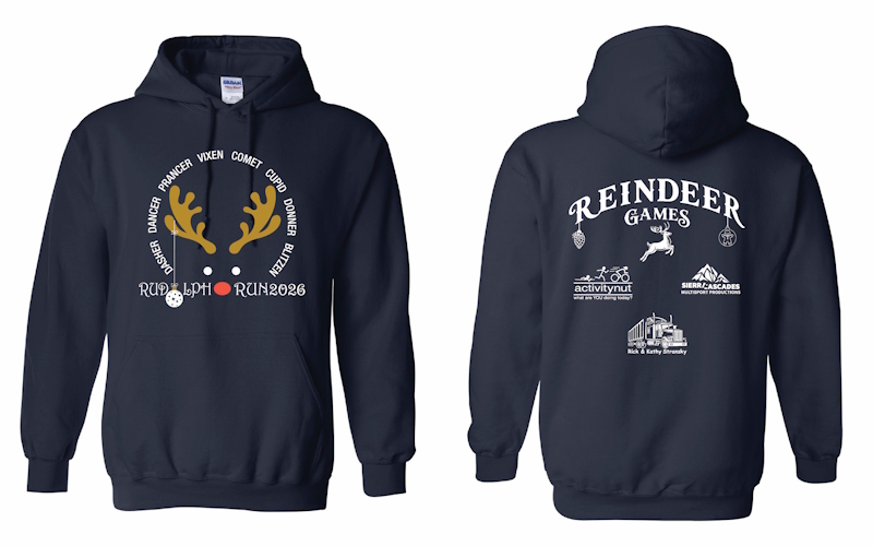 2026 Rudolph Run hoodie, front and back